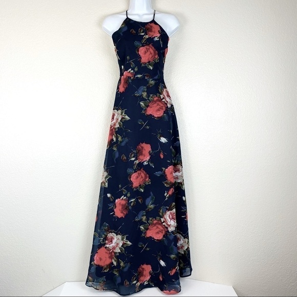 Lulu’s Aubree Navy Blue Floral Lace Up Maxi Dress Size S - Picture 4 of 14